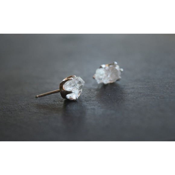 Sterling silver stud earrings, alternative diamond, uncut natural gemsto… - Picture 3 of 5